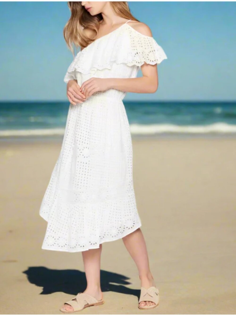 Joie Corynn One Shoulder Eyelet Midi Dress White Cotton Small